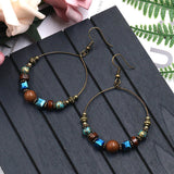 Wooden beaded turquoise large ring metal earrings