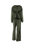 Momentlover Solid Color Hooded Long Sleeves Velvet Zipper Sweatshirt Top + Drawstring Elasticity Pockets Pants Bottom Two Pieces Set