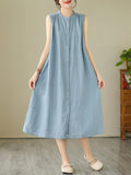 Momentlover Solid Color Pleated Buttoned Sleeveless A-Line Round-Neck Midi Dresses