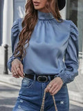 Momentlover Split-Joint Pleated Hollow Elasticity Puff Sleeves Loose Stand Collar Blouses