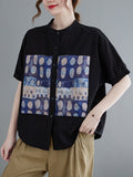 Momentlover Artistic Retro Loose Applique Printed Blouse