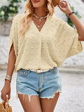 Momentlover Solid Color Jacquard Loose Half Sleeves V-Neck T-Shirts Tops