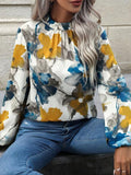 Momentlover Pleated Flower Print Elasticity Puff Sleeves Loose Mock Neck Blouses&Shirts Tops