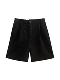 Momentlover Split-Joint Solid Color Pleated Elasticity Straight Leg Loose Half Pants