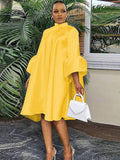 Momentlover Urban Buttoned Solid Color Stand Collar Flared Sleeve Loose Midi Dress