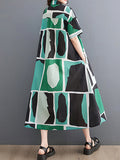 Momentlover Printed Color-Block Short Sleeves Oversize Lapel Shirt Dress Midi Dresses