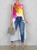 Momentlover High-Low Loose Flower Print Round-Neck Blouses&Shirts Tops Vest Top