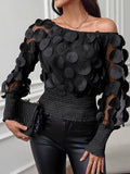 Momentlover Loose Puff Sleeves Elasticity Gauze See-Through Solid Color Split-Joint Round-neck Blouses