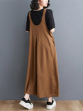 Momentlover Solid Color Buttoned Wide Leg Ninth Pants Spaghetti-Neck Overalls