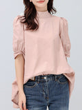 Momentlover Solid Color Pleated Bowknot Loose Half Sleeves Mock Neck Blouses&Shirts Tops