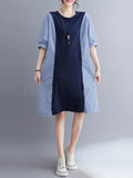 Momentlover Striped Split-Joint Short Sleeves Loose Round-neck Midi Dresses