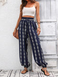 High Waisted Loose Drawstring Elasticity Pleated Printed Knickerbockers Pants Trousers