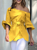 Momentlover Solid Color Knot Asymmetric Flared Sleeves One-shoulder Blouses&shirts Tops