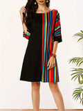 Momentlover Striped Contrast Color Asymmetric Plus Size Loose Round-neck Mini Dresses