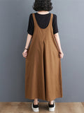 Momentlover Solid Color Buttoned Wide Leg Ninth Pants Spaghetti-Neck Overalls