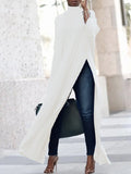 Momentlover Casual Three-Quarter Sleeves Split-Side Solid Color High-Neck T-Shirts Tops