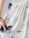 Momentlover Split-Joint Printed Pleated Short Sleeves Loose Round-neck Midi Dresses