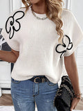 Momentlover Knitted Flower Short Sleeves Loose Round-Neck Sweater Tops Pullovers