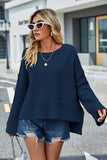 Momentlover Round Neck Dropped Shoulder Slit Sweater