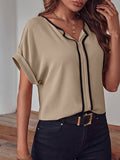 Momentlover Striped Short Sleeves Loose V-Neck Blouses&Shirts Tops