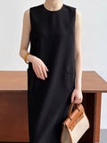 Momentlover Zipper Split-Back Solid Color Pockets Sleeveless Loose Round-Neck Midi Dresses