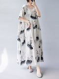 Momentlover Split-Joint Printed Pleated Short Sleeves Loose Round-neck Midi Dresses