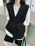 Momentlover Tied Waist Split-Joint Asymmetric Sleeveless Loose V-neck Vest Outerwear