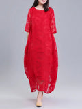 Momentlover Solid Color See-Through Flower Print Loose Half Sleeves Round-Neck Midi Dresses
