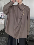 Momentlover Split-Joint Solid Color Pleated Buttoned Asymmetric Loose Long Sleeves High Neck Blouses