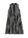 Momentlover Striped Sleeveless Loose Stand Collar Midi Dresses