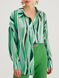 Momentlover Striped Contrast Color Loose Long Sleeves Lapel Blouses