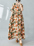 Momentlover Split-Joint Printed Pleated Loose Half Sleeves Round-Neck Midi Dresses