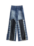 Momentlover Split-Joint Pockets Hollow Buttoned Wide Leg Jean Pants Bottoms