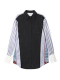 Momentlover Striped Split-Joint Pockets Contrast Color Buttoned Loose Long Sleeves Lapel Blouses&Shirts Tops