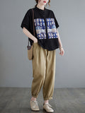 Momentlover Artistic Retro Loose Applique Printed Blouse