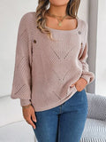 Momentlover Openwork Buttoned Square Neck Sweater