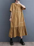 Momentlover Split-Joint Pleated Short Sleeves Loose Round-Neck Midi Dresses