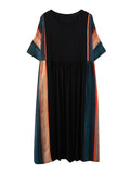 Momentlover Loose Contrast Color Striped Pleated Midi Dress