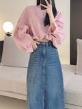 Momentlover Solid Color Elasticity Loose Batwing Sleeves Round-Neck Blouses&Shirts Tops