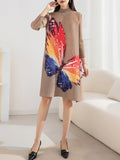 Momentlover Casual Long Sleeves Loose Contrast Color Printed Pleated Beaded Stand Collar Mini Dresses
