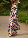 Momentlover Split-Side Printed Short Sleeves Loose V-Neck Maxi Dresses Beach Cover-Up