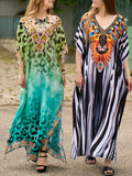 Momentlover Split-side Printed Leopard Short Sleeves Loose V-neck Maxi Dresses Beach Cover-Up