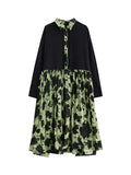 Momentlover Split-Joint Pleated Buttoned Loose Long Sleeves Lapel Midi Dresses