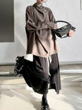 Momentlover Split-Joint Solid Color Pleated Buttoned Asymmetric Loose Long Sleeves High Neck Blouses