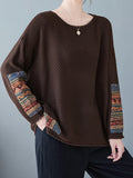 Momentlover Split-Joint Printed Loose Long Sleeves Round-Neck Sweater Tops Pullovers