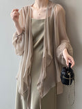 Momentlover Bishop Sleeve Long Sleeves See-Through Split-Joint Tied Collarless Blouses&Shirts Tops