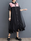 Momentlover Split-Joint Printed Falbala Short Sleeves Loose Lapel Midi Dresses