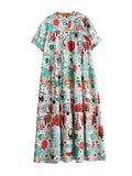 Momentlover Split-Joint Printed Buttoned Short Sleeves Loose Stand Collar Midi Dresses