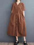 Momentlover Solid Color Pockets Buttoned Short Sleeves Loose V-Neck Midi Dresses