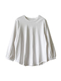 Momentlover Solid Color Pleated Puff Sleeves Loose Round-Neck T-Shirts Tops